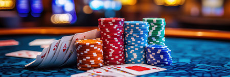 Players are engaged in an exhilarating poker game with colorful chips and cards laid out on the bustling casino table.の素材