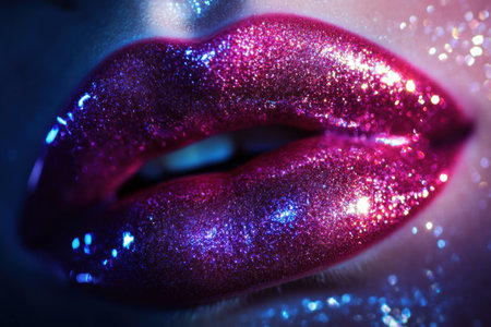 The glossy lips radiate a vibrant shine, reflecting light with a striking sparkle in a colorful display of beauty and artistry.の素材