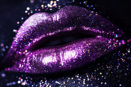 The image captures glossy, shimmering lips with a bold finish, enhanced by glitter amidst a contrasting dark backdrop.の素材