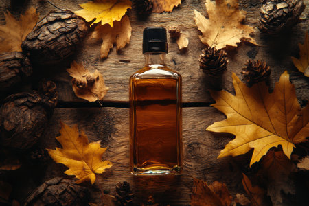 The whiskey bottle sits prominently amidst vibrant autumn leaves and textured pinecones, creating a warm, inviting atmosphere.の素材