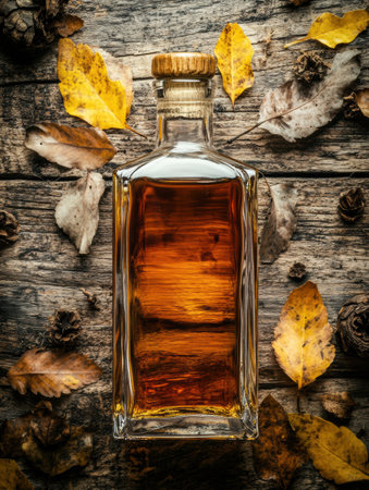 A bottle of rich amber whiskey rests on a weathered wooden table, surrounded by fallen autumn leaves creating a warm atmosphere.の素材