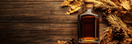 A rich whiskey bottle sits among vibrant autumn leaves on a weathered wooden surface, capturing the essence of the season.の素材
