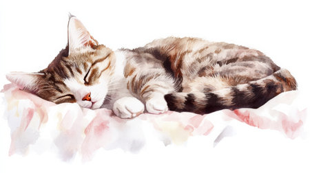 A relaxed tabby cat is curled up and sleeping soundly on a plush bedspread, surrounded by a calming white background.の素材