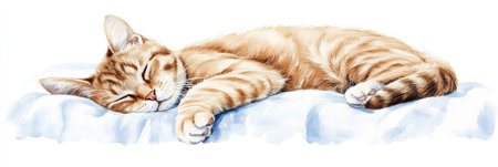 An orange tabby cat is peacefully sleeping on a soft white bedspread, enjoying a serene moment of rest in a comfortable setting.の素材
