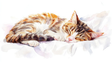 A relaxed cat is peacefully sleeping on a soft bedspread, surrounded by a bright white background, embodying tranquility and comfort.の素材