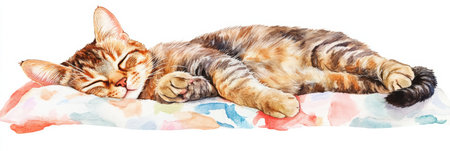 A relaxed cat enjoys a deep sleep, lying comfortably on a soft, colorful bedspread in a serene atmosphere.の素材