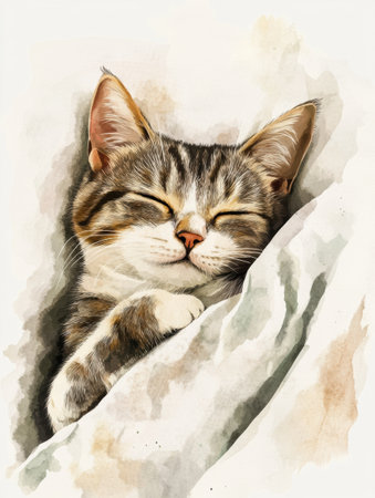 A striped cat is peacefully sleeping on a soft bedspread, surrounded by a clean, white background, radiating tranquility and comfort.の素材