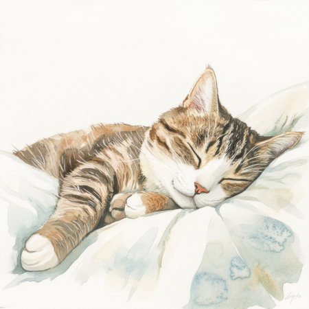 A tabby cat enjoys a deep slumber, nestled on a white bedspread, exuding tranquility and comfort in a serene environment.の素材