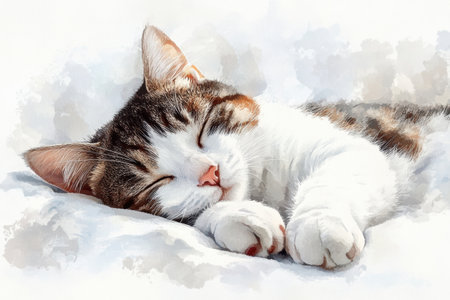 A serene cat is nestled comfortably on a white bedspread, sleeping soundly and radiating a sense of calm and contentment.の素材