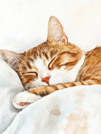 A content cat enjoys a deep slumber on a plush bedspread, the soft white background enhancing the tranquil atmosphere.の素材