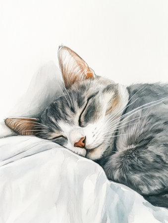 A content gray cat sleeps soundly on a white bedspread, basking in the tranquility of its comfortable surroundings.の素材