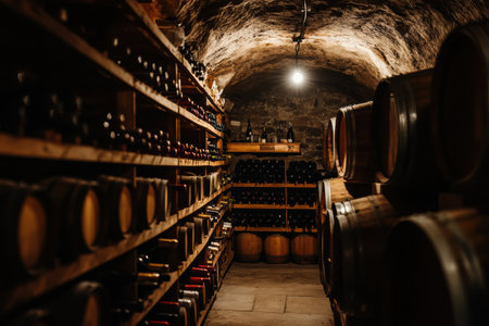 The wine cellar showcases an array of wooden barrels alongside shelves filled with neatly arranged wine bottles.の素材