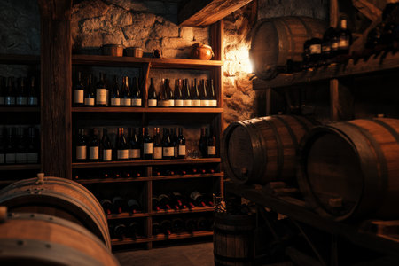 This rustic wine cellar wooden features barrels alongside shelves stacked with wine bottles, creating a warm and inviting atmosphere.の素材