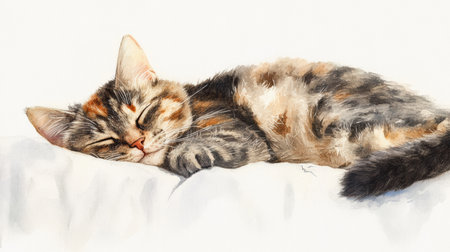 A calico cat rests comfortably on a crisp white bedspread, enjoying a serene nap in a bright and cozy room.の素材