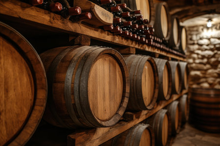 Explore a historic wine cellar showcasing neatly stacked wooden barrels and shelves filled with exquisite bottles of wine.の素材