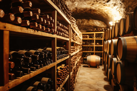 This wine cellar showcases wooden barrels alongside neatly stacked wine bottles on shelves, perfect for aging fine wines.の素材