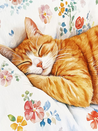 An orange cat lies peacefully asleep on a soft bedspread, surrounded by a colorful floral pattern, basking in tranquility.の素材