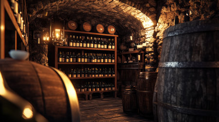 The cozy wine cellar features rustic wooden barrels alongside shelves stacked high with fine wine bottles, beautifully lit for ambiance.の素材