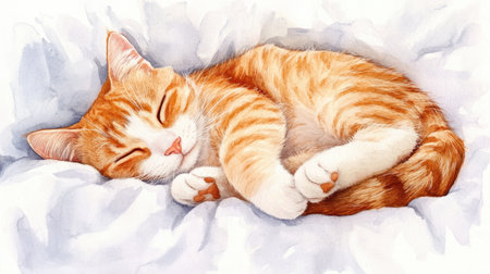 An orange tabby cat curls up and sleeps blissfully on a cozy white bedspread, enjoying a tranquil moment of rest.の素材