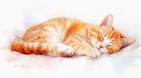 An orange cat enjoys a restful sleep on a cozy bedspread, its peaceful demeanor creating a serene atmosphere in the room.の素材