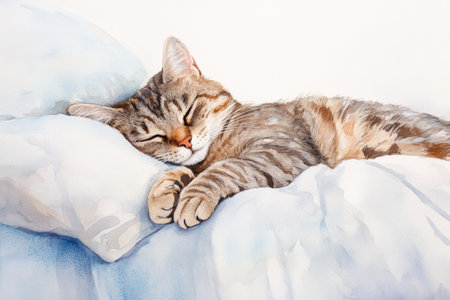A tabby cat rests soundly on a light bedspread, embodying comfort and serenity in a soothing, bright atmosphere.の素材