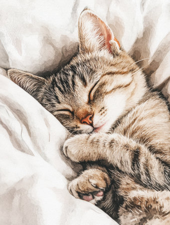 A fluffy tabby cat dozes comfortably on a white bedspread, curled up and looking serene in a calm indoor environment.の素材
