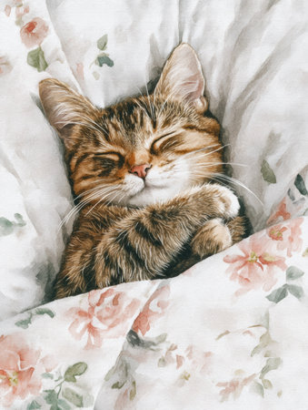 A lovely cat rests comfortably on a soft floral bedspread, enjoying a peaceful nap in a serene environment.の素材