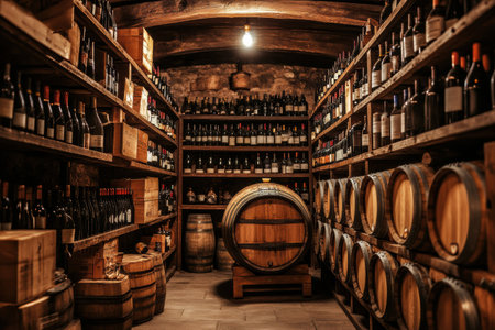 The wine cellar showcases an array of wooden barrels alongside neatly stacked shelves filled with various wine bottles, exuding a warm ambiance.の素材