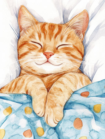 An adorable orange cat rests comfortably on a soft bedspread, looking content as it sleeps in a peaceful indoor atmosphere.の素材