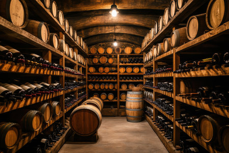 The wine cellar showcases a blend of wooden barrels and neatly organized shelves lined with various wine bottles.の素材
