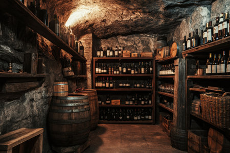 The rustic wine cellar features aged wooden barrels alongside shelves filled with an impressive collection of wine bottles.の素材