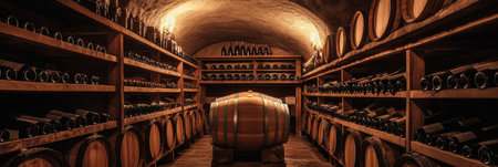 The cellar showcases sturdy wooden barrels alongside shelves filled with various wines, creating an inviting atmosphere for enthusiasts.の素材