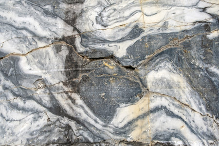 A detailed close-up reveals the unique swirls and veins of gray marble, highlighting its natural...