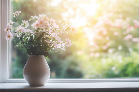 A white vase with delicate pink flowers rests on a windowsill beside a glowing garden filled with soft sunlight during springtime.の素材