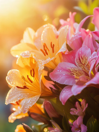 The sun casts a warm glow over blooming flowers, showcasing their bright colors and fresh dew drops in a peaceful garden.の素材