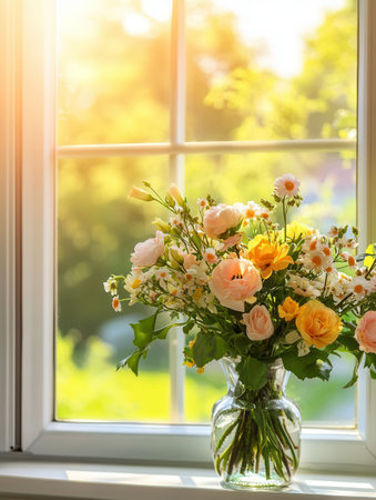 Sunlight filters through the window illuminating a beautiful arrangement of colorful flowers in a glass vase, enhancing the serene atmosphere.の素材