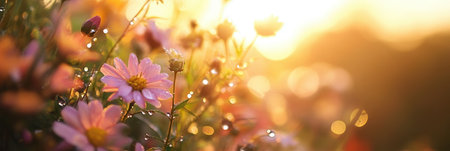 Delicate flowers glisten with morning dew as golden sunlight bathes the garden, creating a serene and picturesque atmosphere.の素材