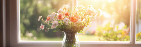 A vibrant bouquet of flowers rests on a windowsill, illuminated by the golden morning light, creating a cheerful atmosphere indoors.の素材