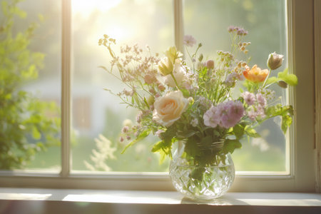 Sunlight filters through a window, highlighting a vibrant bouquet of flowers arranged beautifully in a crystal vase.の素材