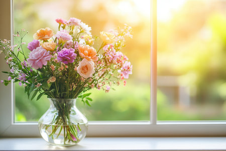A stunning arrangement of colorful flowers rests in a clear vase on a bright windowsill, illuminated by afternoon sunlight.の素材