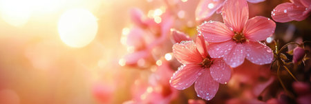 Pink blossoms glisten with morning dew, illuminated by the soft glow of sunrise in a tranquil garden setting.の素材