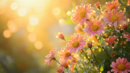 Dew-covered pink flowers bloom in a sunlit garden, creating a beautiful display as morning light enhances their colors and textures.の素材