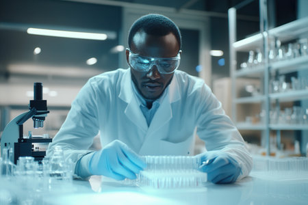 A scientist conducts careful experiments in a laboratory, wearing a lab coat, protective glasses, and gloves while handling samples.の素材