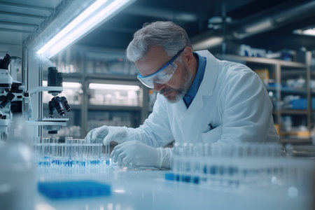 In a well-equipped laboratory, a focused scientist in a lab coat examines test tubes and samples with precision and care.の素材
