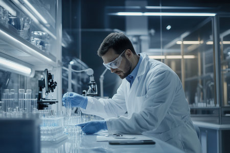 A scientist in protective gear is meticulously working with test tubes and samples in a high-tech laboratory setting during the evening.の素材