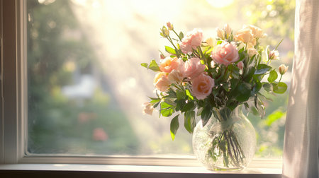 Pink roses arranged in a glass vase catch the morning light, creating a warm and inviting atmosphere on the windowsill.の素材