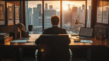 A lawyer is meeting with a client in a well-appointed office, discussing important legal matters as the sun sets outside.の素材