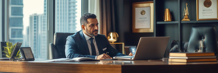 A lawyer is engaged in a consultation with a client in a modern office setting, discussing legal matters while reviewing documents.の素材