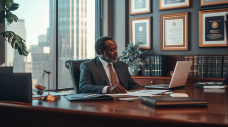 In a contemporary office, a lawyer is advising a client while reviewing documents on a laptop and discussing legal matters.の素材