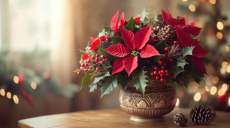 This vibrant holiday bouquet features red poinsettias, evergreen holly, and pinecones beautifully arranged in a decorative vase.の素材